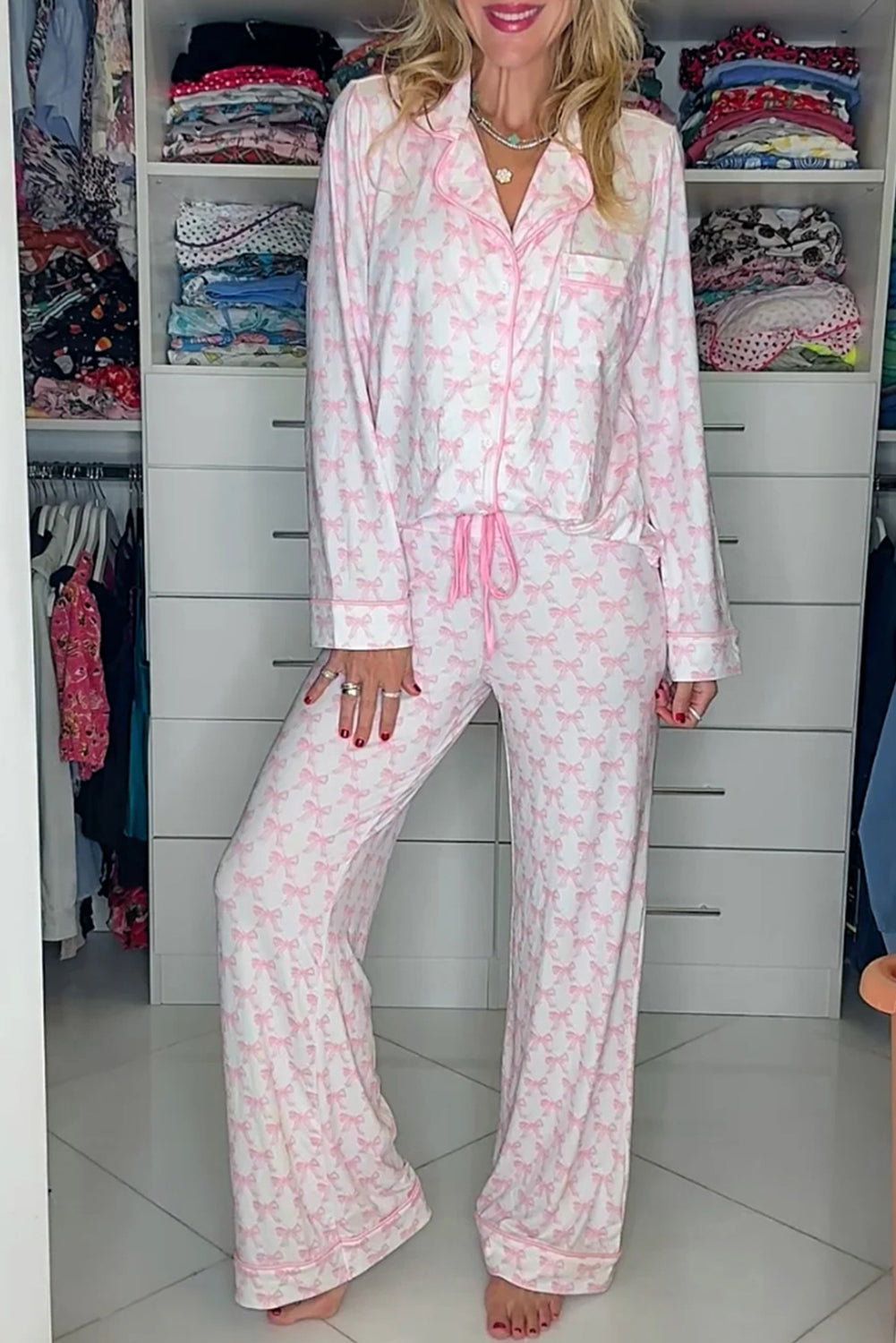 Pink Bow Print Long Sleeve Shirt and Pants Soft Pajama Set