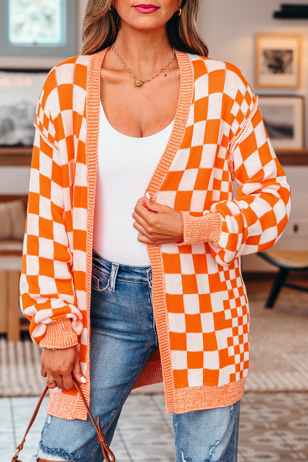 Orange Checkered Open Front Drop Shoulder Cardigan