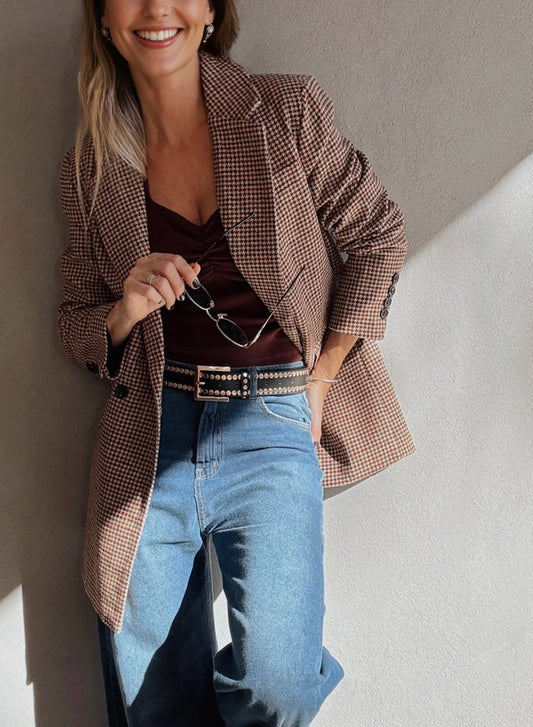 Brown Houndstooth Lapel Collar Blazer