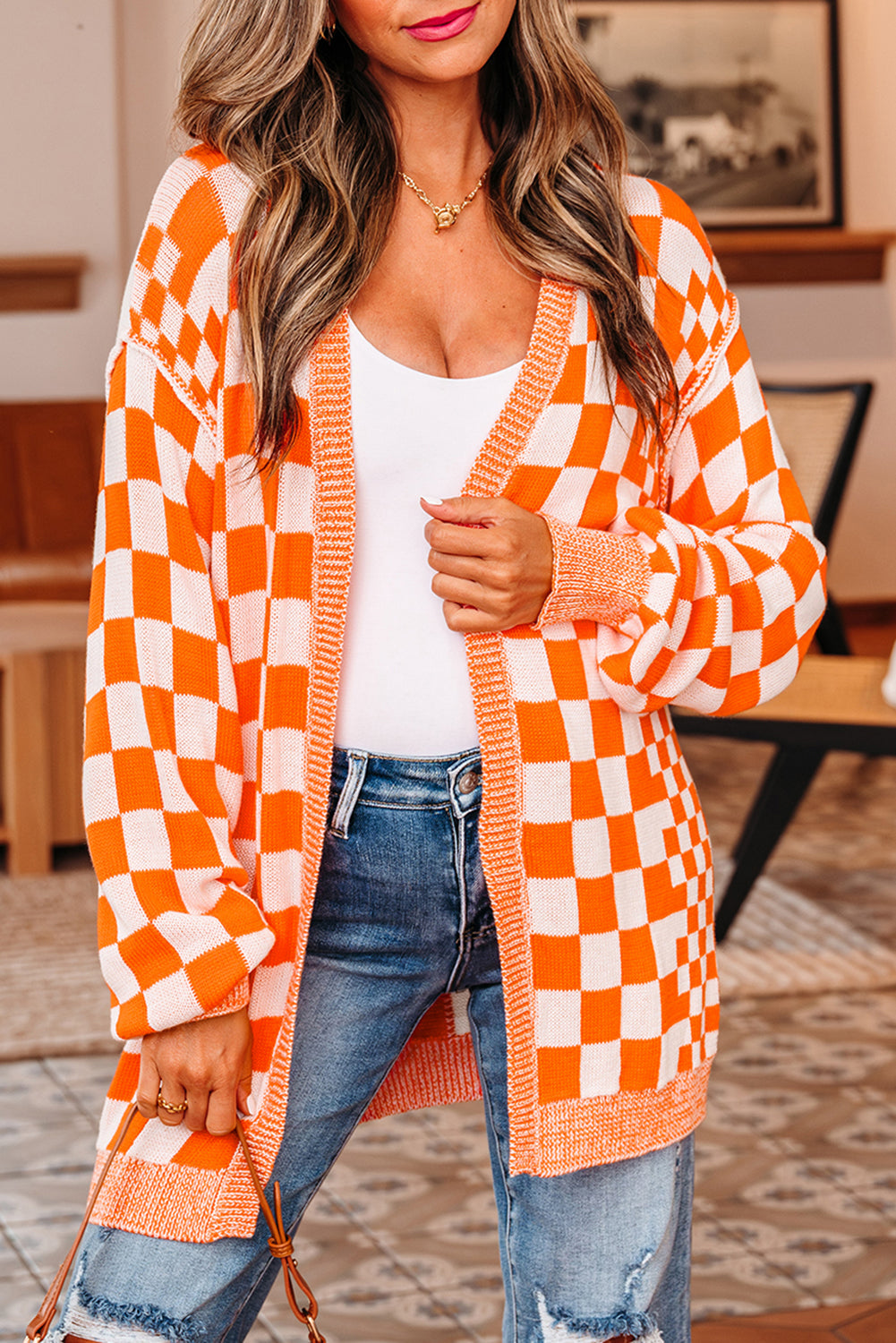 Orange Checkered Open Front Drop Shoulder Cardigan