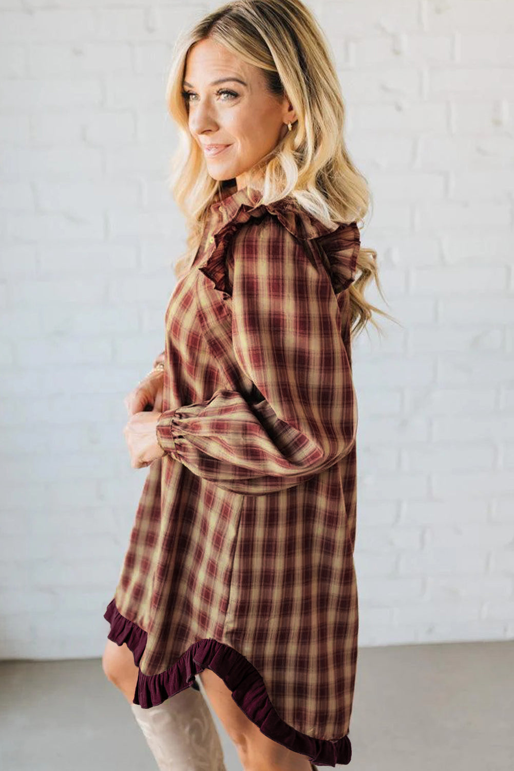 Red Plaid Print Ruffled Long Sleeve Patchwork Hem Mini Shirt Dress