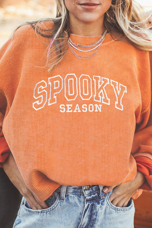 Orange SPOOKY SEASON Embroidered Letter Graphic Twisted Ribbed Sweatshirt