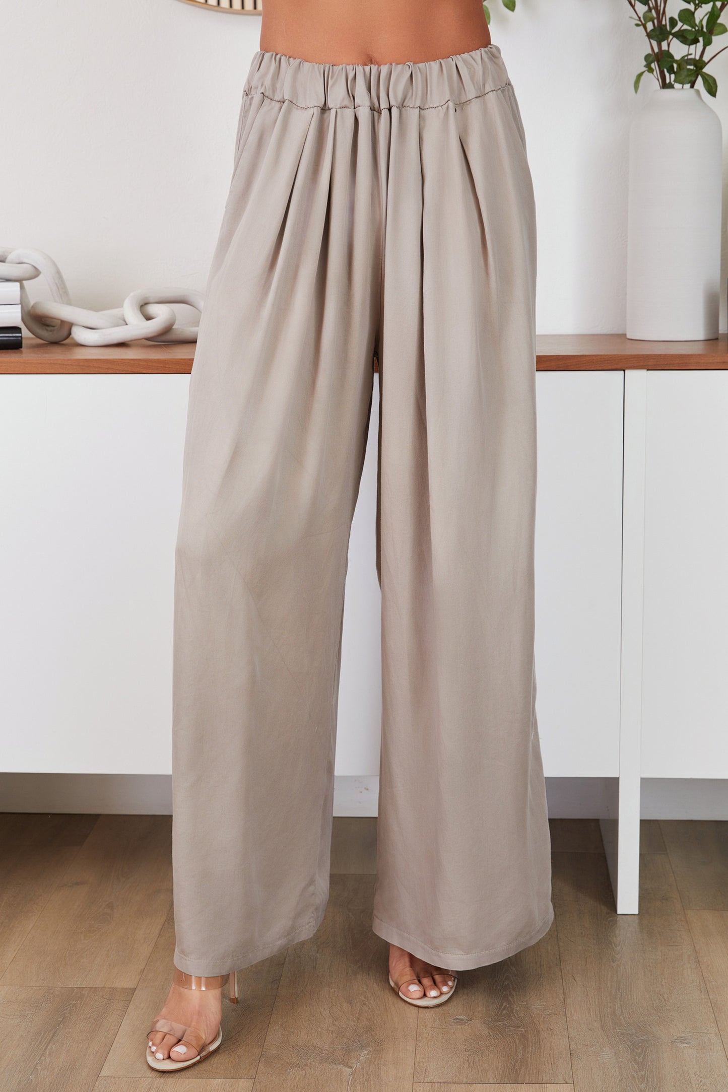Ivory Wide-Leg Elastic Waist Pants